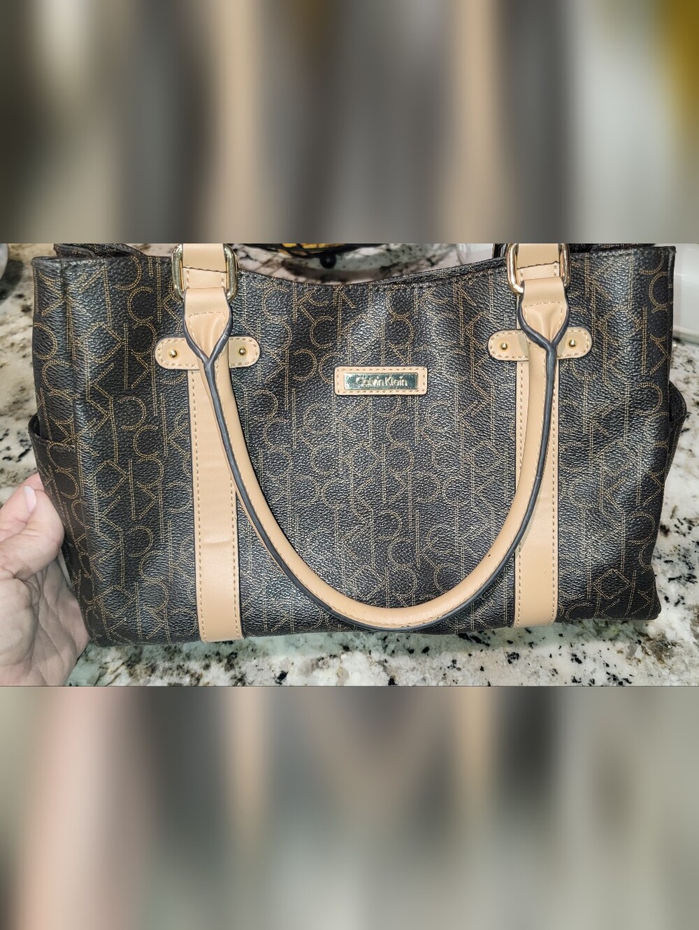 Calvin Klein Brown Monogram Shoulder Bag with Tan Trim